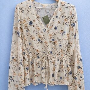 Women's Floral Lace-Sleeve Wrap Blouse - Cream/Blue (NWT)
